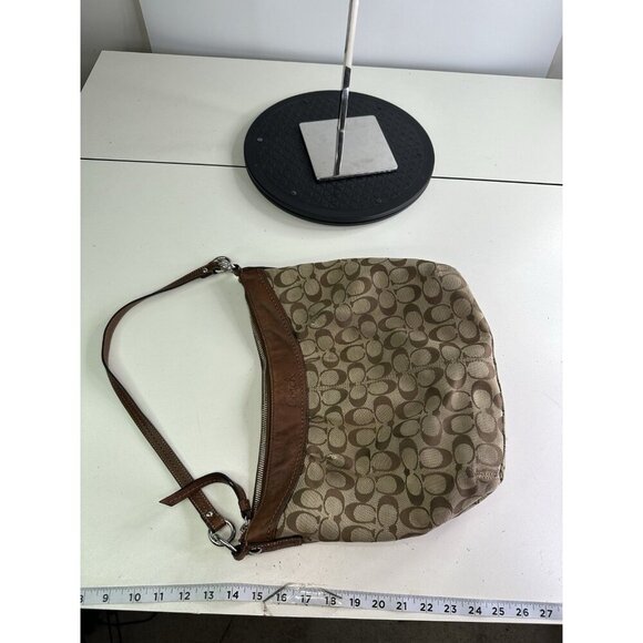 WORN - COACH F13744 Brown Signature Ashley Shoulder Leather trim Hobo Bag - Picture 3 of 12